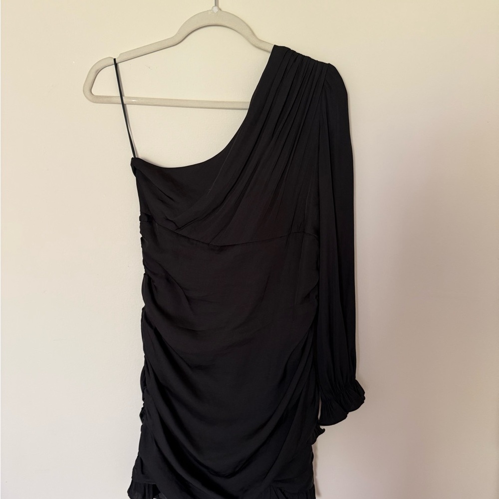 Black Asymmetrical Ruched One-Shoulder Dress | Size M